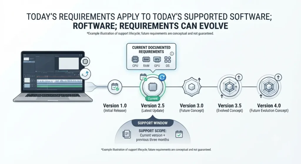 RAM and Descript system requirements changing across software versions and support windows