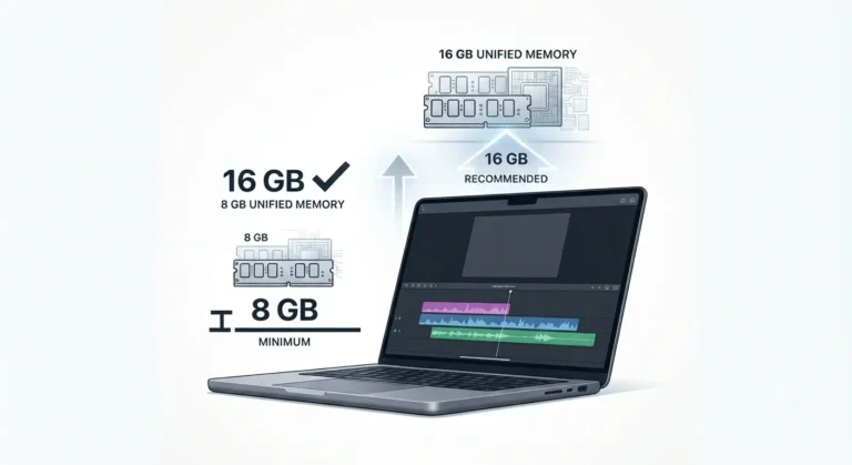 RAM requirements for Descript on Mac showing 8 GB minimum and 16 GB recommended memory