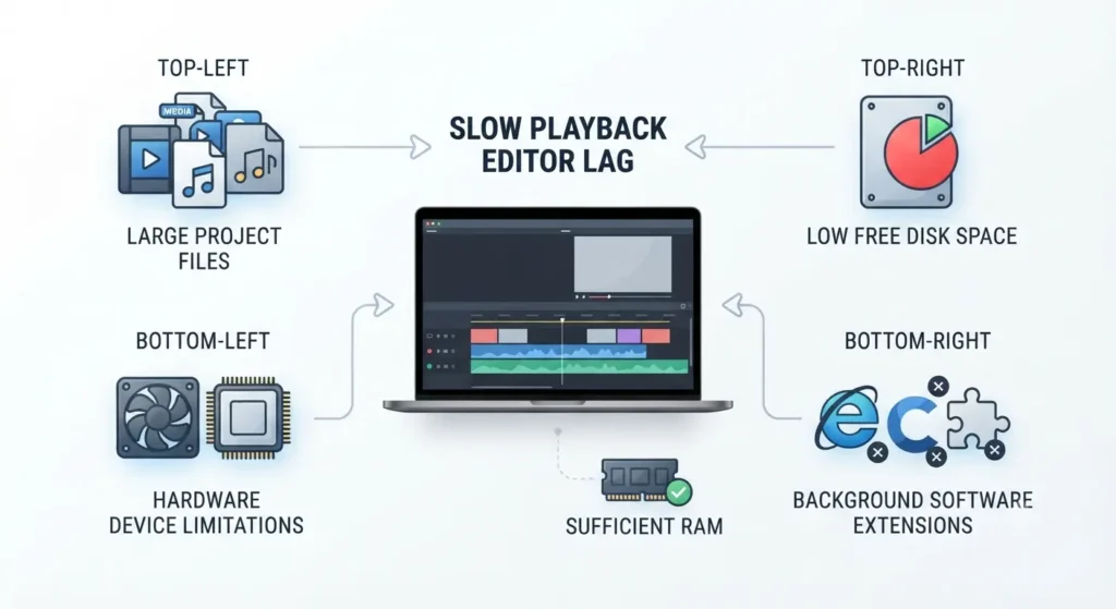 RAM and other causes of Descript performance lag including project size, disk space, extensions, and hardware
