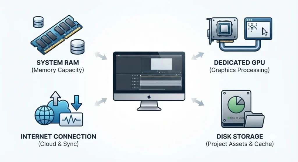 RAM, GPU, internet, and storage requirements affecting Descript performance on Mac