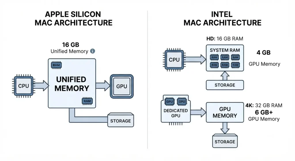 RAM comparison for Descript showing Apple silicon unified memory versus Intel Mac RAM and GPU memory