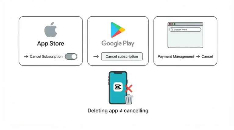 Vector showing you cancel CapCut Pro through Apple, Google Play or CapCut web billing, not by deleting the app
