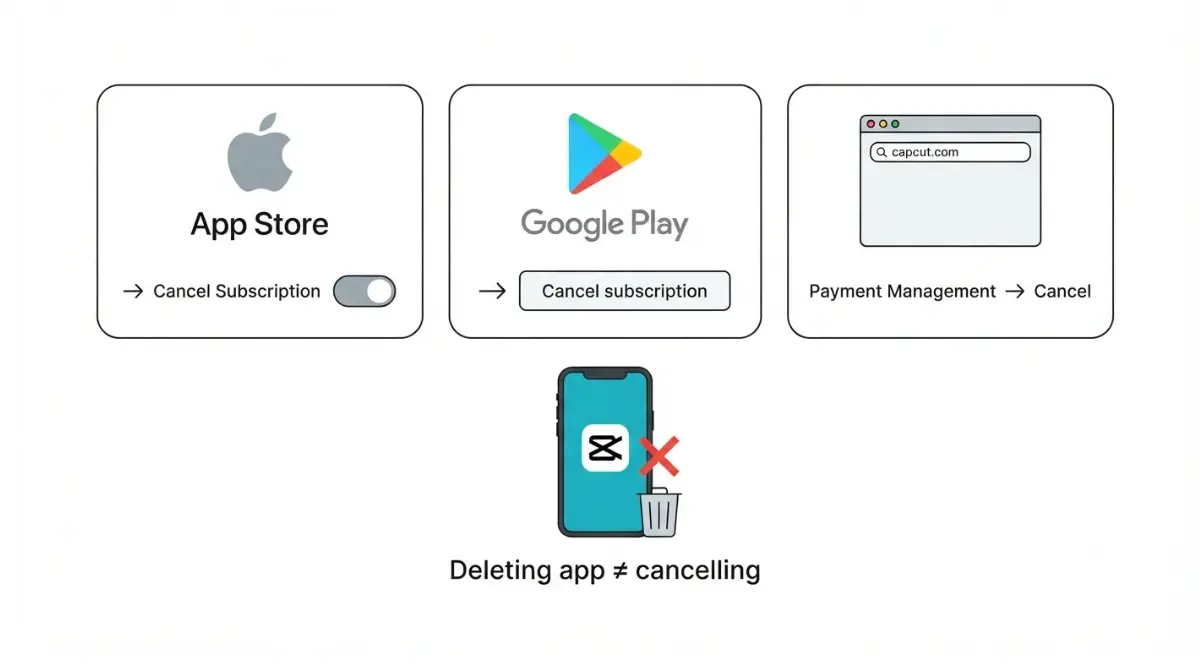 Vector showing you cancel CapCut Pro through Apple, Google Play or CapCut web billing, not by deleting the app
