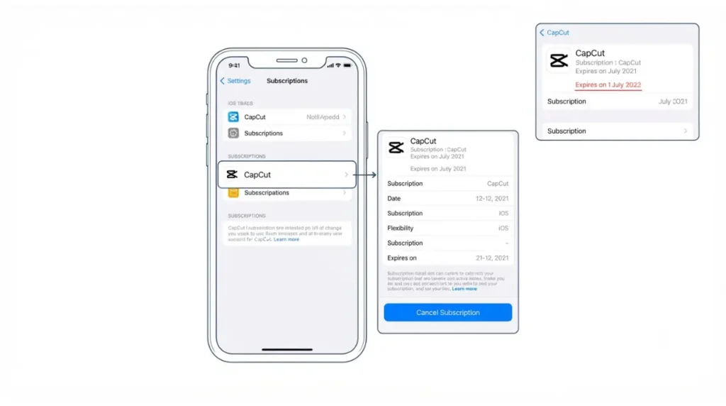 Vector of iPhone Subscriptions screen showing CapCut Pro cancellation and already-cancelled status