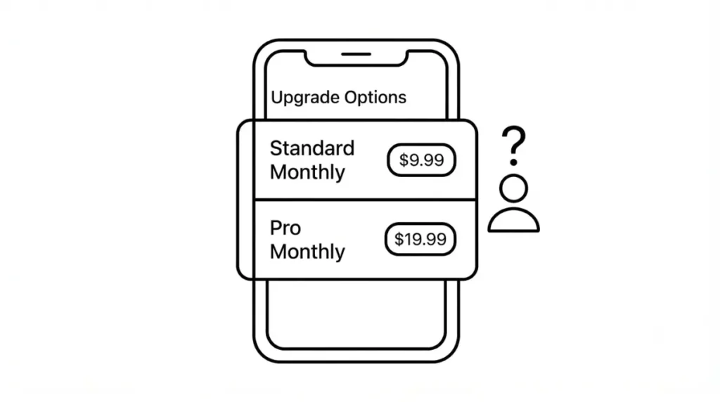 Vector illustration of an App Store subscription screen showing separate Standard Monthly and CapCut Pro Monthly rows with prices and a confused user icon.