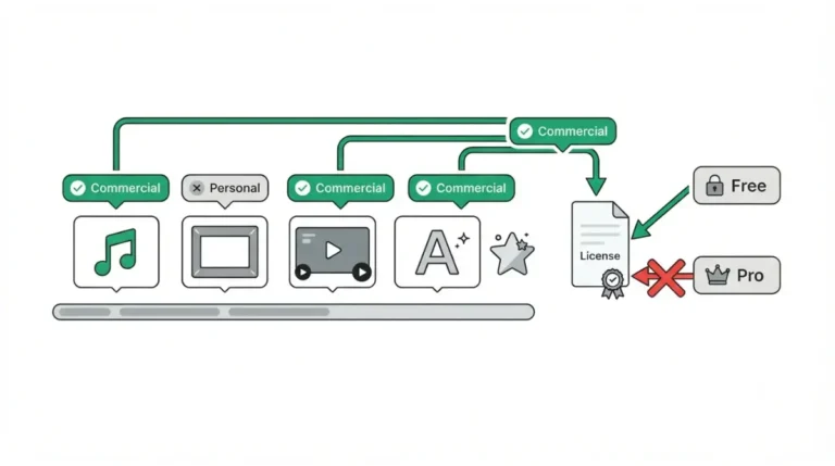 Vector illustration explaining CapCut Commercial Use rules showing asset license marks matter more than Free or Pro