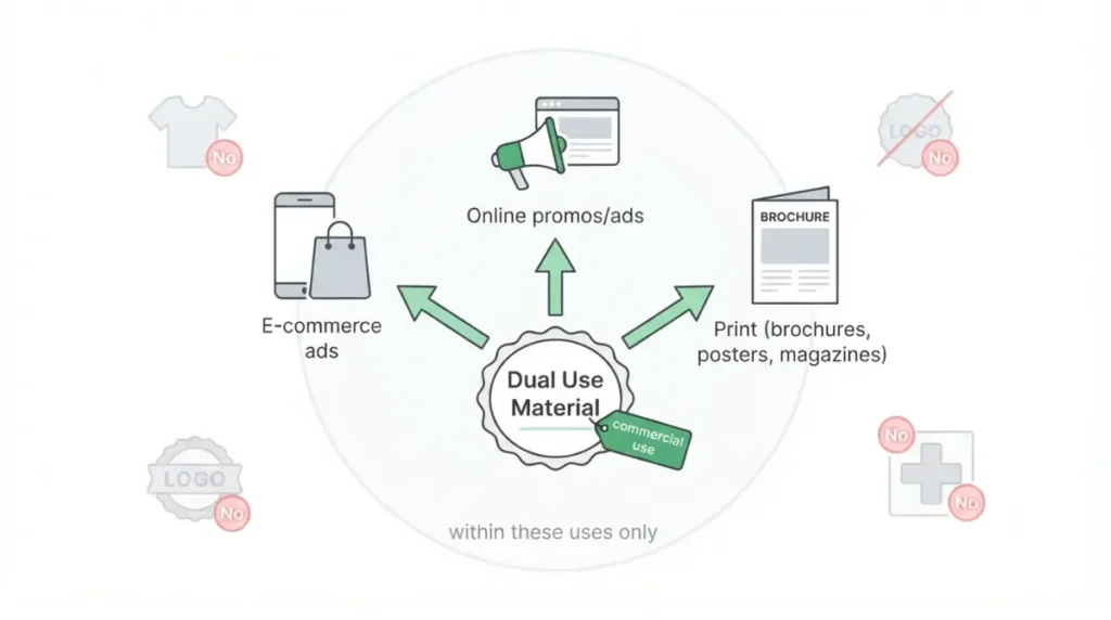 Vector illustration of CapCut Dual Use materials showing permitted Commercial Use cases like ads, promos and print