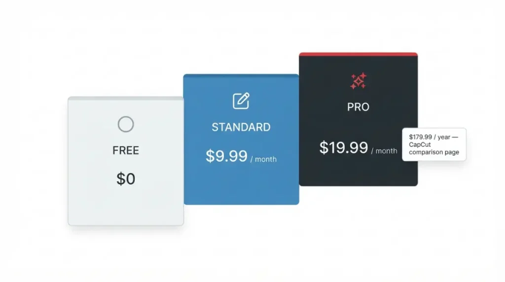 CapCut Free, Standard, and Pro subscription tiers with current US prices