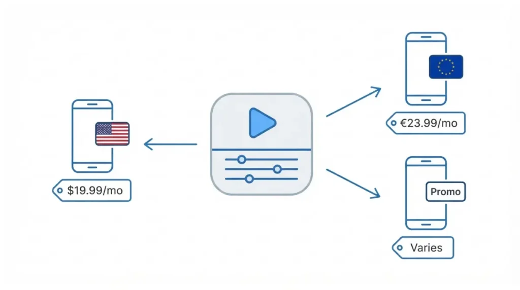 CapCut pricing varies by region, device, and promotions shown with different currency tags