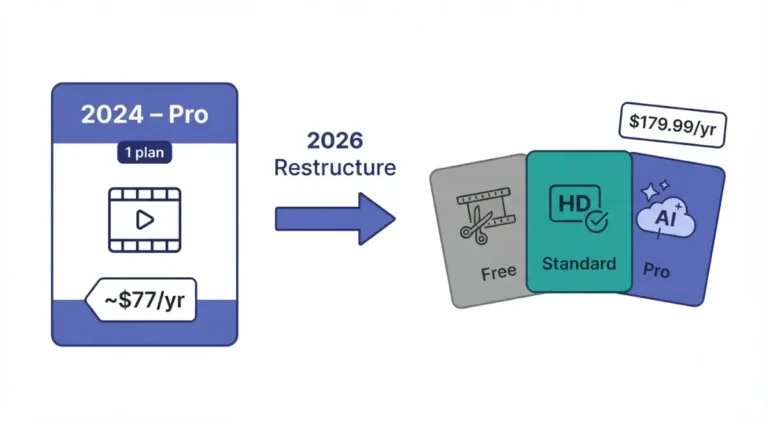 Vector illustration of CapCut Pro Price History showing how the single 2024 Pro plan split into Free, Standard and Pro tiers in 2026