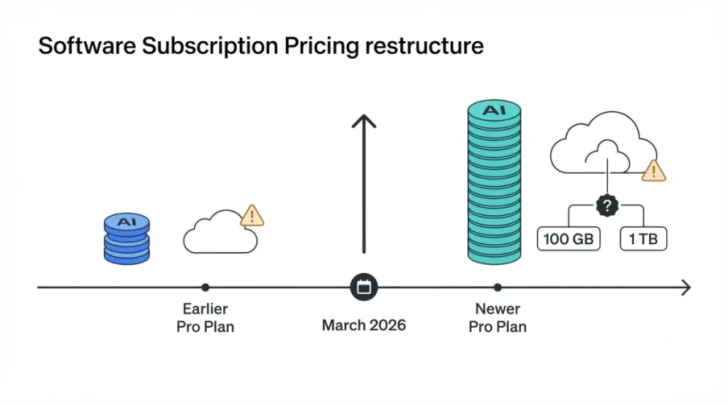 CapCut Pro pricing-change timeline showing AI credits rising from 550 to 1,200 and conflicting cloud-storage figures