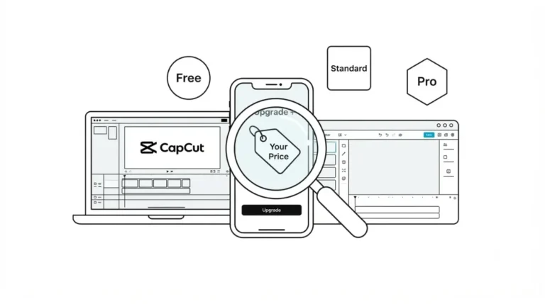 Vector illustration showing CapCut Pro plans (Free, Standard, Pro) across mobile, desktop and web with a magnifying glass highlighting your CapCut Pro price.