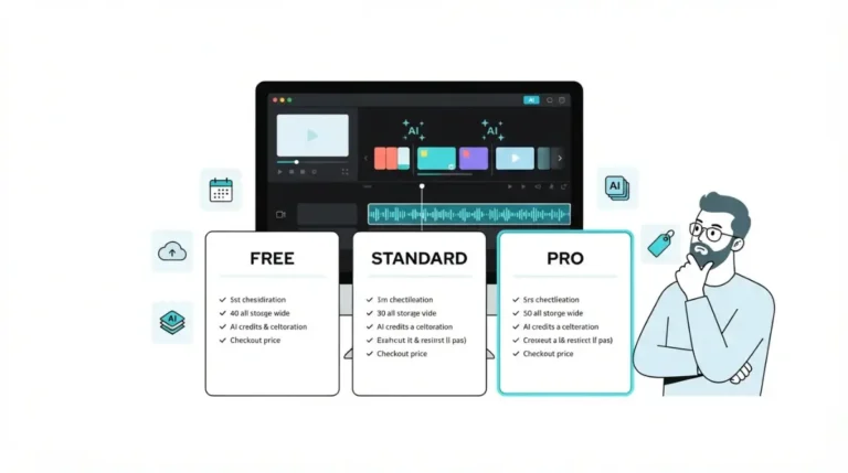 CapCut Pro pricing illustration showing a creator comparing Free, Standard, and Pro plans with AI credits and cloud storage