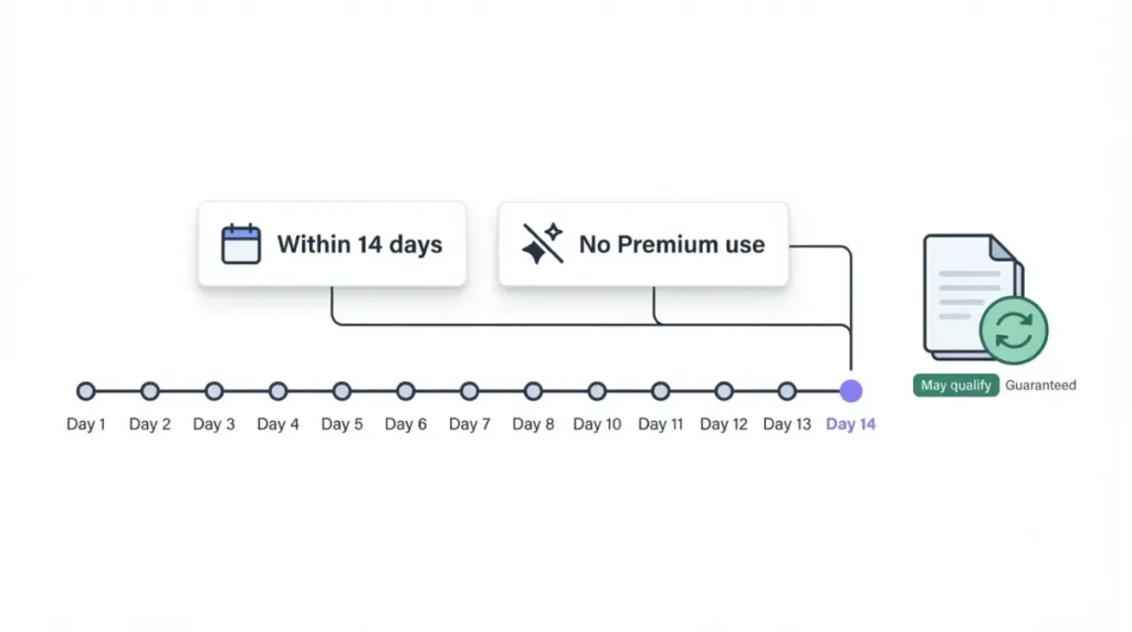 CapCut Refund 14-day timeline with an unused Premium subscription condition