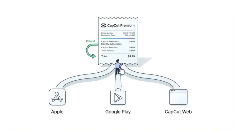 CapCut Refund route branching to Apple, Google Play and CapCut Web