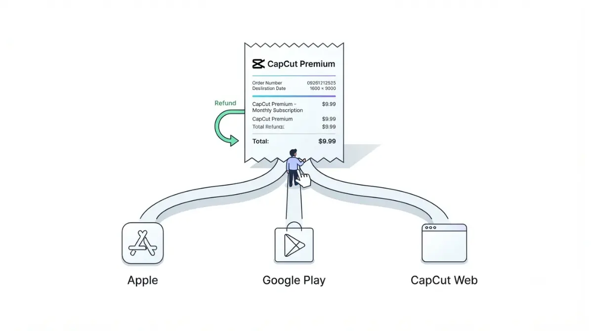 CapCut Refund route branching to Apple, Google Play and CapCut Web
