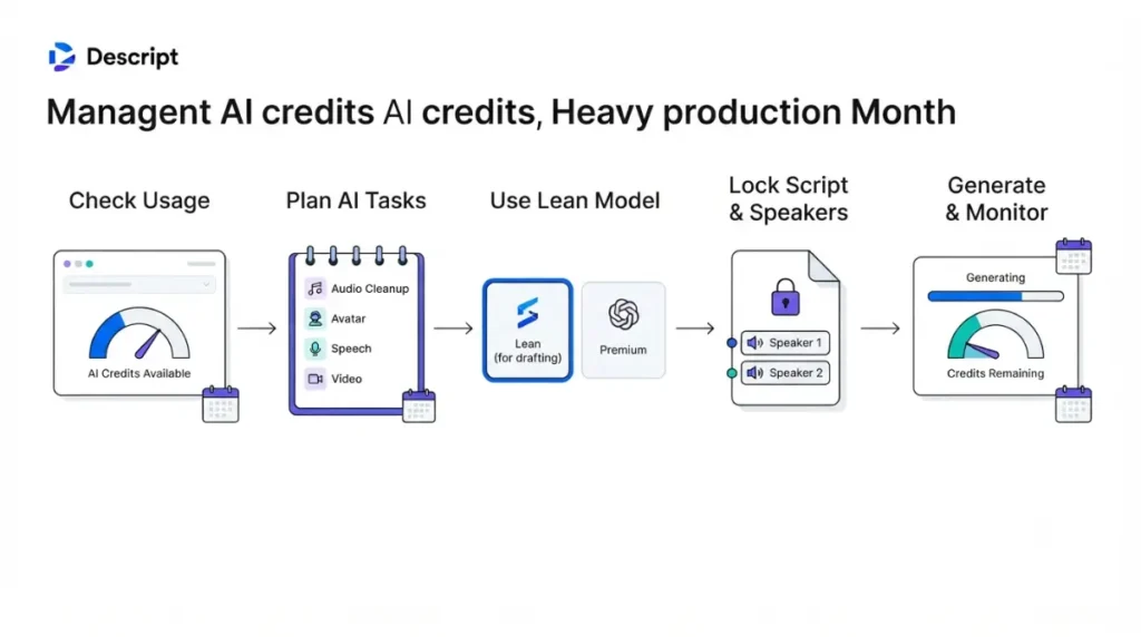 Descript AI Credits management workflow for checking usage, planning AI tasks, and monitoring remaining credits