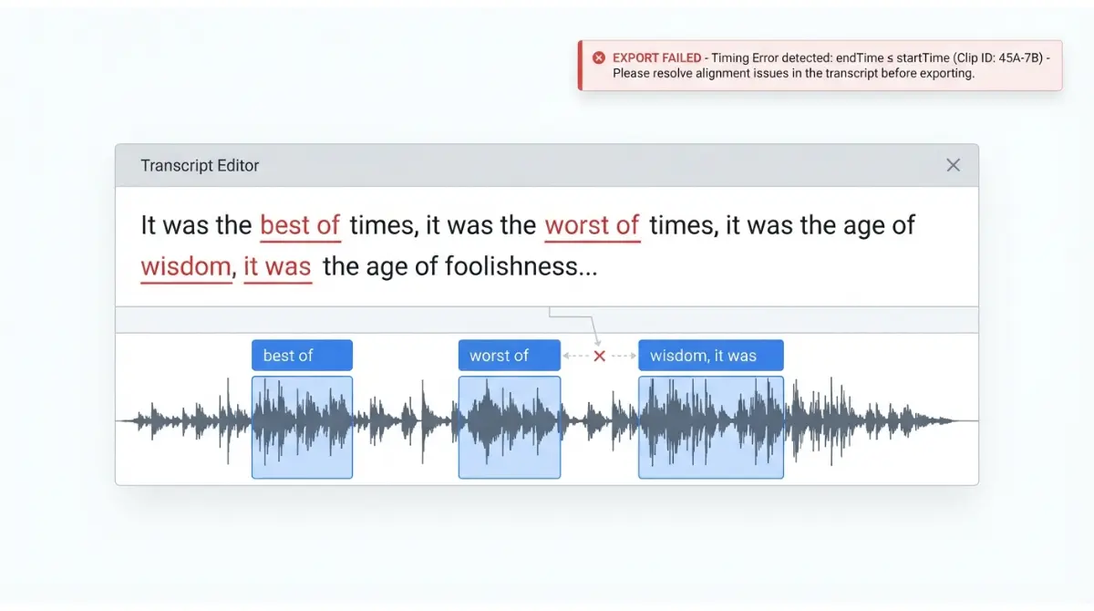 Alignment error in Descript showing misaligned transcript words and audio waveform