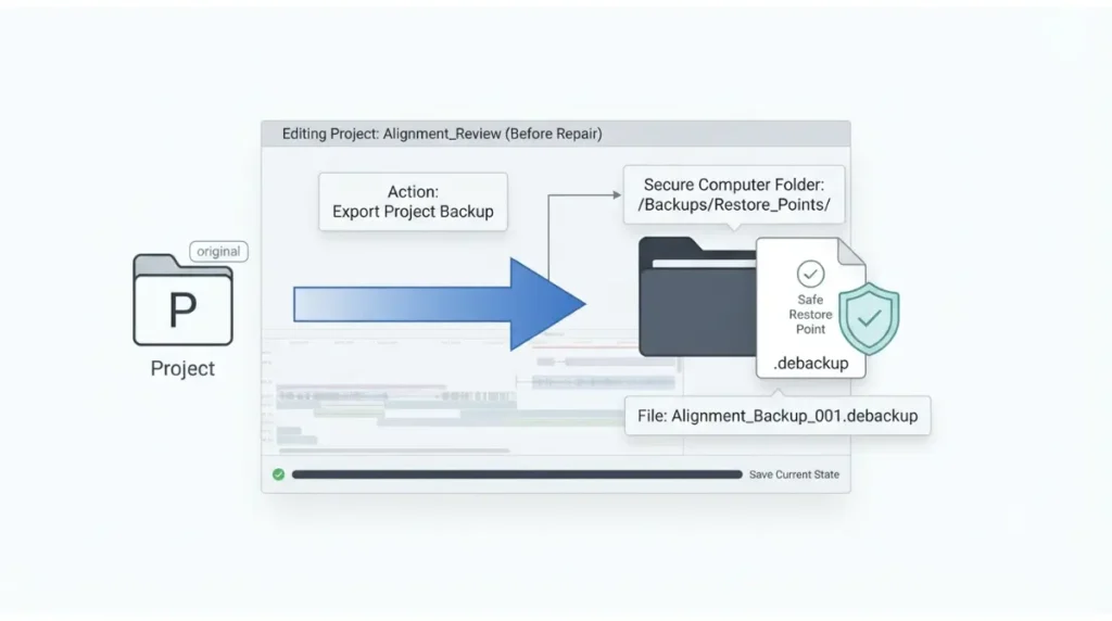 Alignment troubleshooting in Descript with a project backup and DEBACKUP restore point