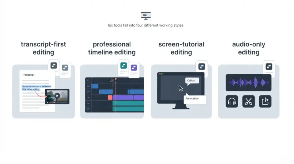Descript Alternatives comparison illustration grouping tools into transcript-first editing, professional timelines, screen tutorials, and audio-only workflows.