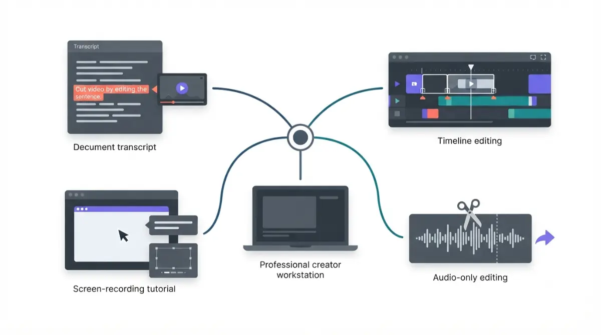 Descript Alternatives visual guide showing transcript editing, video timeline editing, screen tutorial creation, and audio waveform editing workflows.