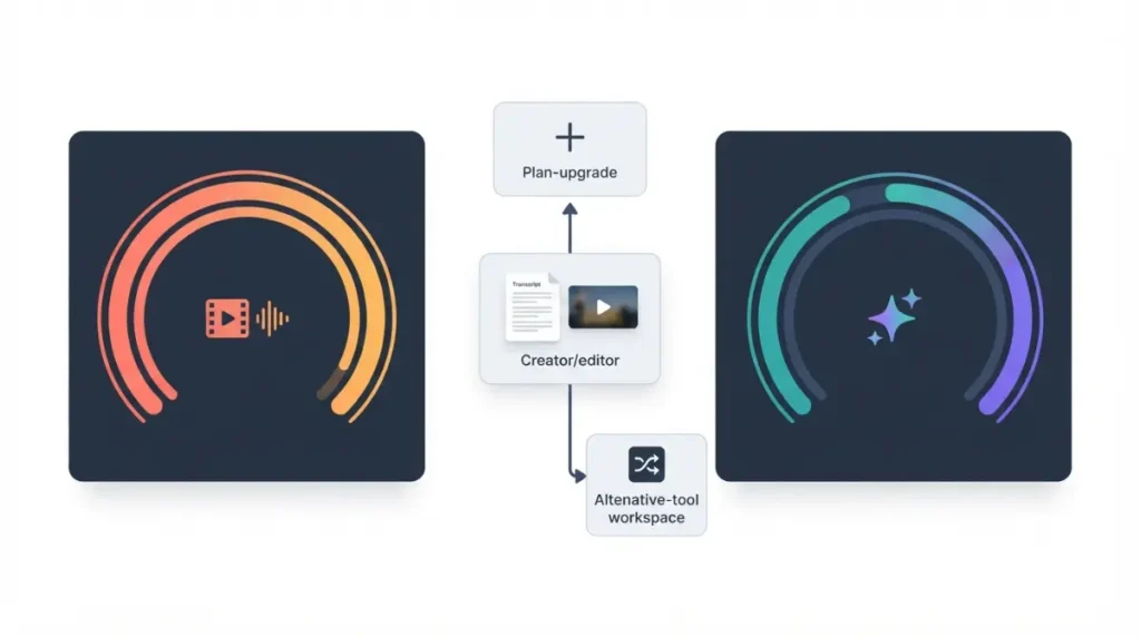 Descript Alternatives illustration showing separate media-minute and AI-credit usage meters for creators considering an upgrade or a switch.