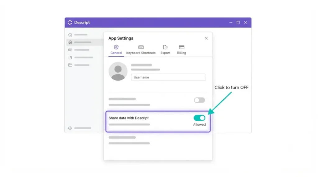 “Descript App Settings Profile tab highlighting toggle to control if Descript can Train models on your projects on white background”