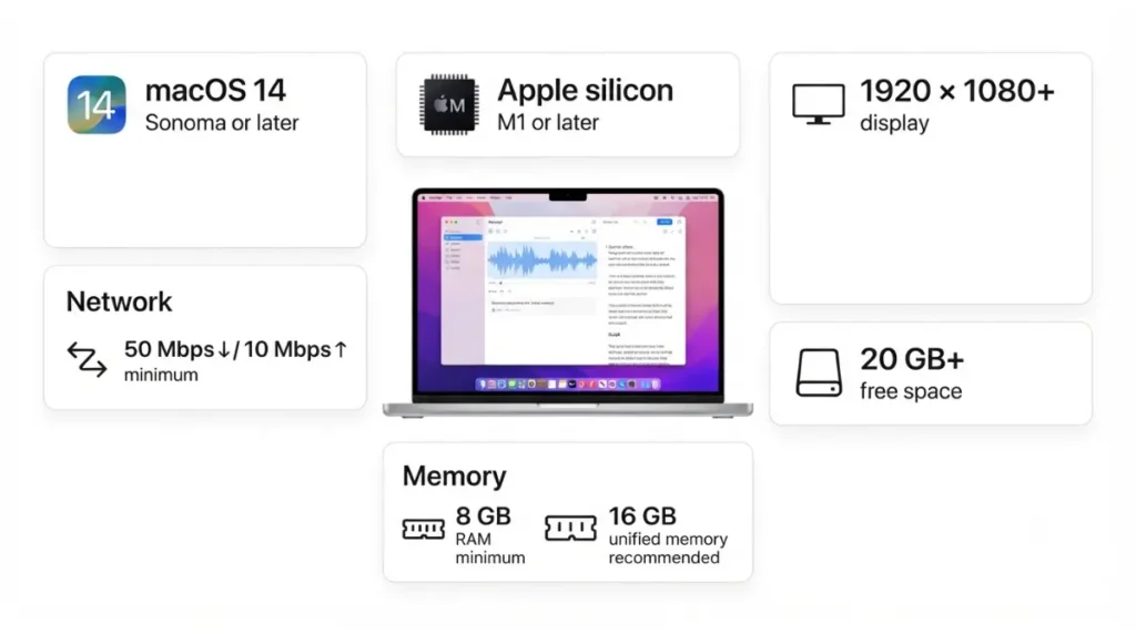 Apple Silicon Mac requirements for Descript including M1 processor and 16 GB memory