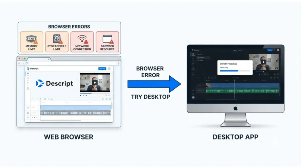 Descript Export browser error leading to desktop app troubleshooting vector illustration