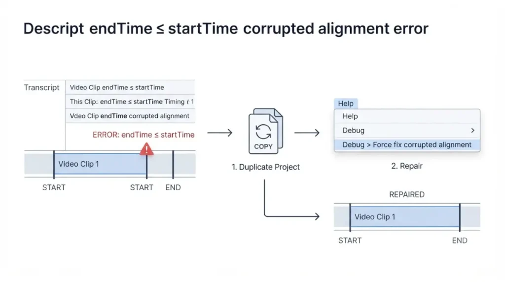 Descript Export endTime startTime corrupted alignment error and repair workflow