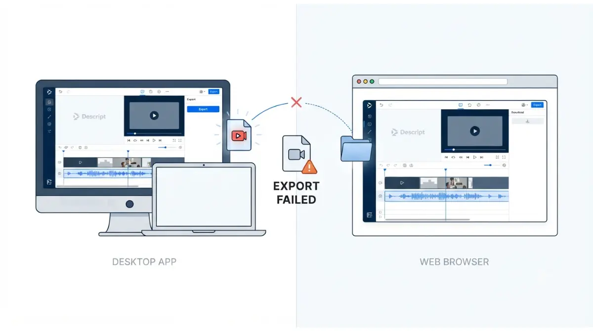 Descript Export failed on desktop app and browser troubleshooting illustration