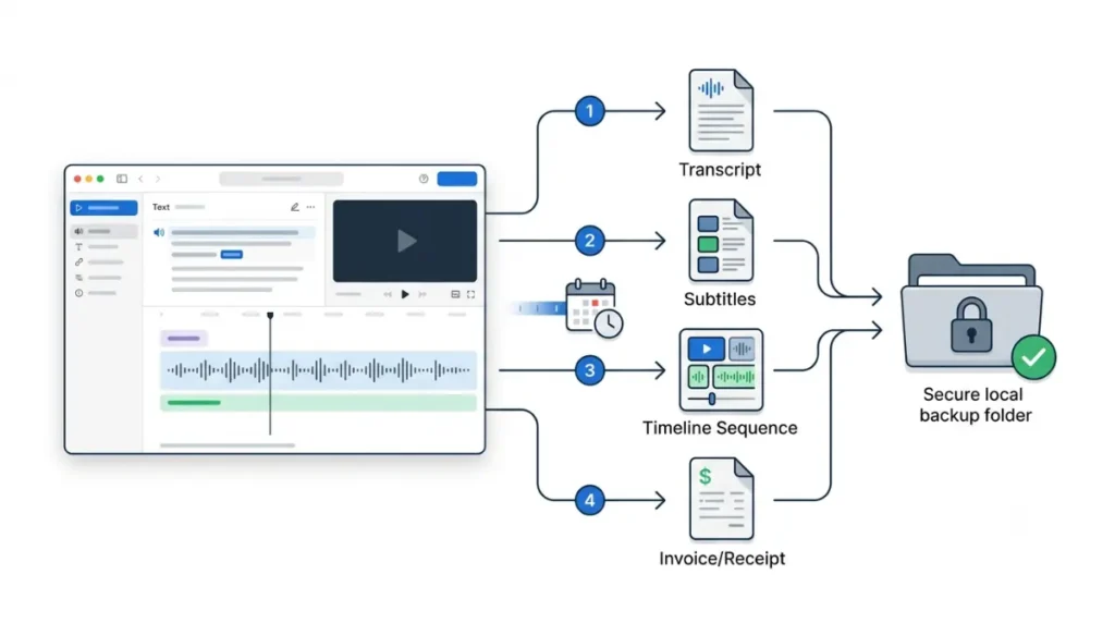Descript backup workflow for exporting transcripts, subtitles, timelines, and invoices before cancellation