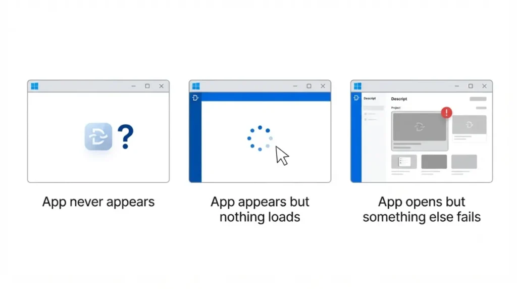 Three types of Descript launch problems on Windows: app never appears, app hangs, or project fails