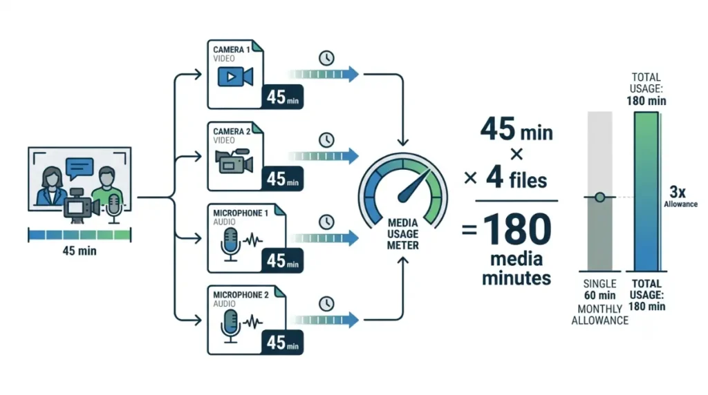 Descript media minutes showing four 45-minute files using 180 minutes