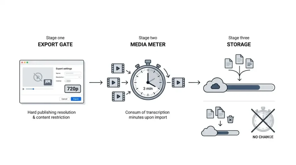 Descript Free plan limits dashboard showing 60 media minutes, 5 GB storage, 1 GB file size, 720p export, and other restrictions