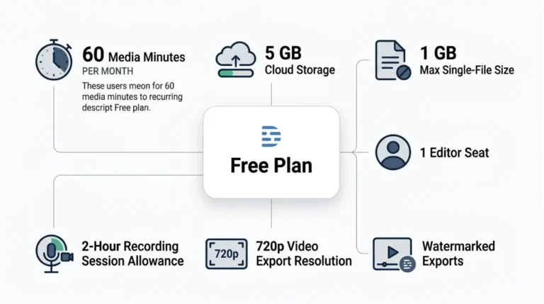 Descript Free plan limits overview showing media minutes, storage, file size, export quality, and workflow restrictions