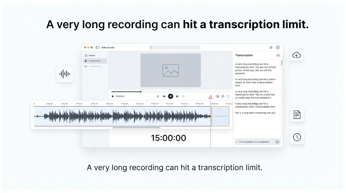 transcription limit for a long Descript recording approaching 15 hours