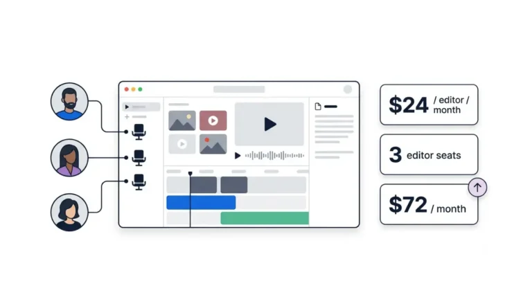 Descript cost showing multi-user pricing, editor seats, and shared software workspace