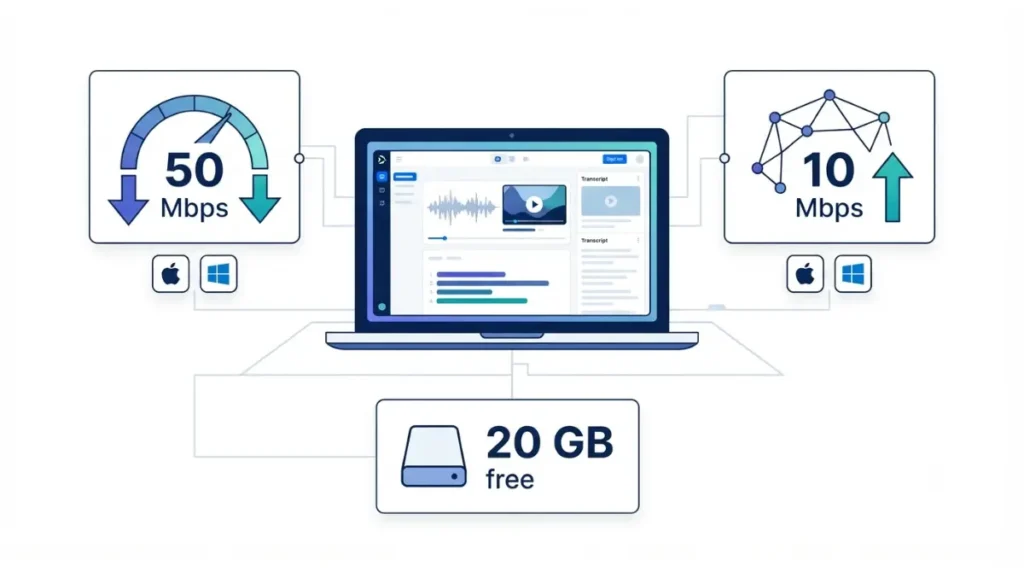Descript offline connection speed requirements with 50 Mbps download and 10 Mbps upload