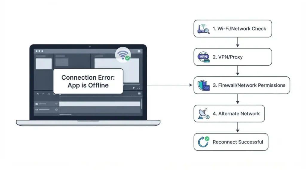 Descript offline connection troubleshooting for VPN firewall and network issues