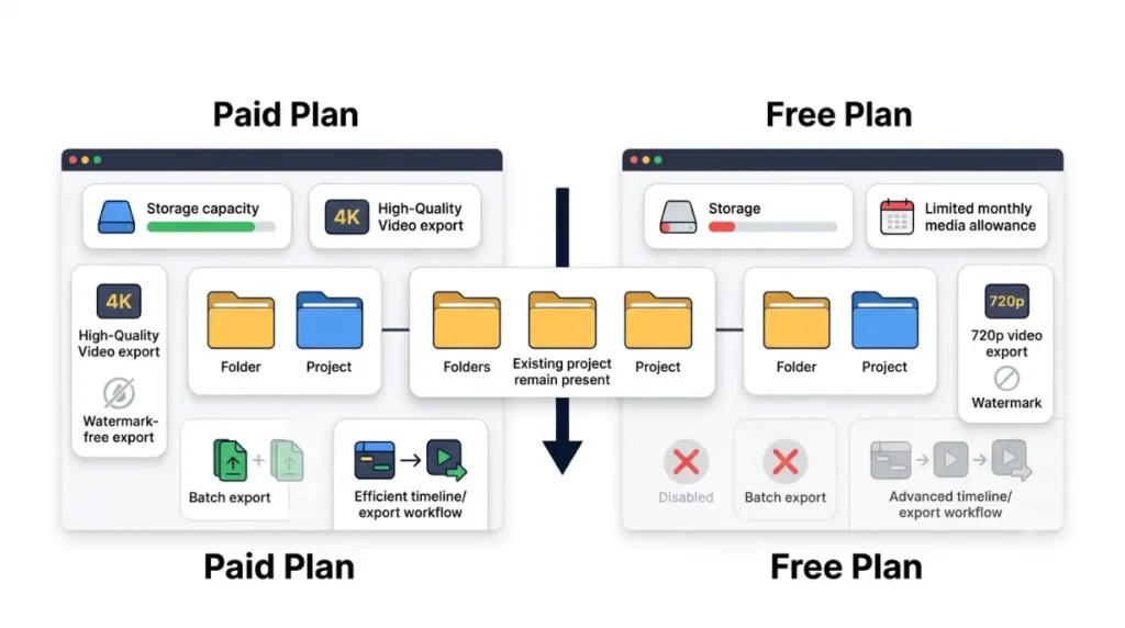 Descript paid-to-Free plan transition showing changes to storage, media limits, and export features