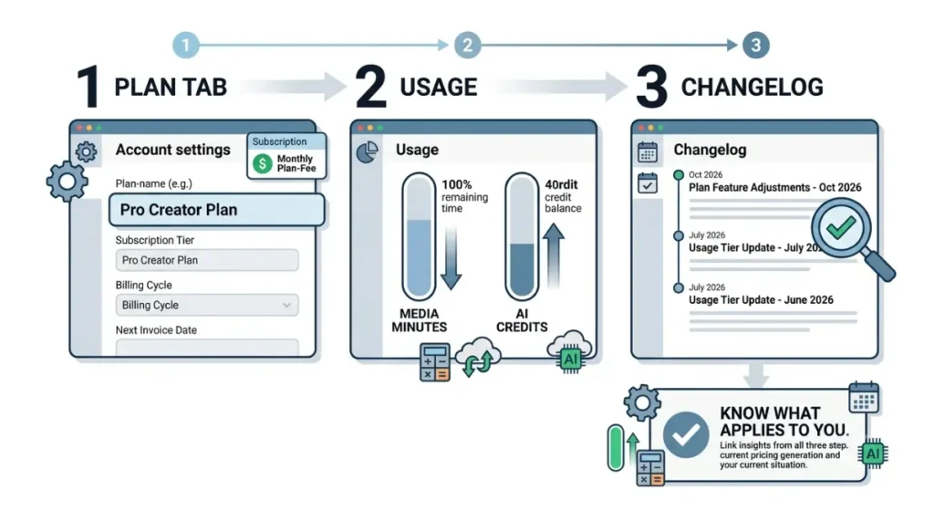 Descript Price History guide showing how to check the plan tab, usage, and changelog