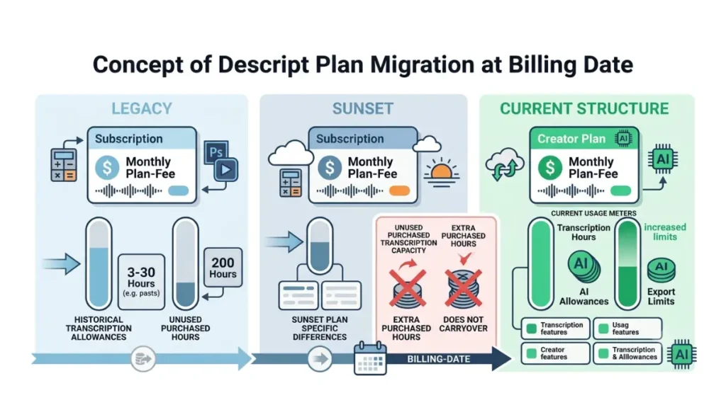 Descript Price History showing Legacy and Sunset plan migration to the current structure
