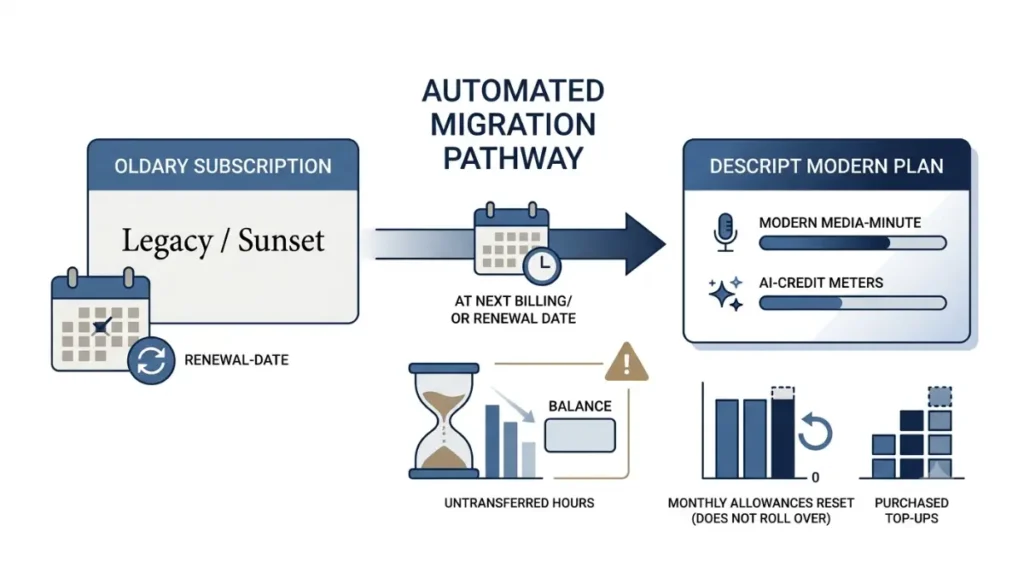 Descript price increase Legacy and Sunset plan migration timeline