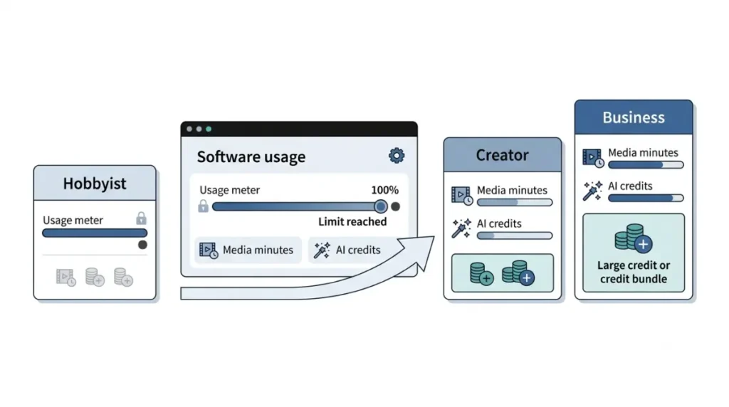 Descript Pricing Hobbyist usage limit and upgrade path to higher plans
