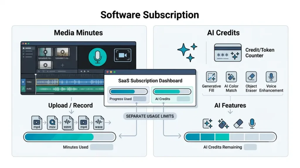 Descript Pricing with separate Media Minutes and AI Credits usage meters