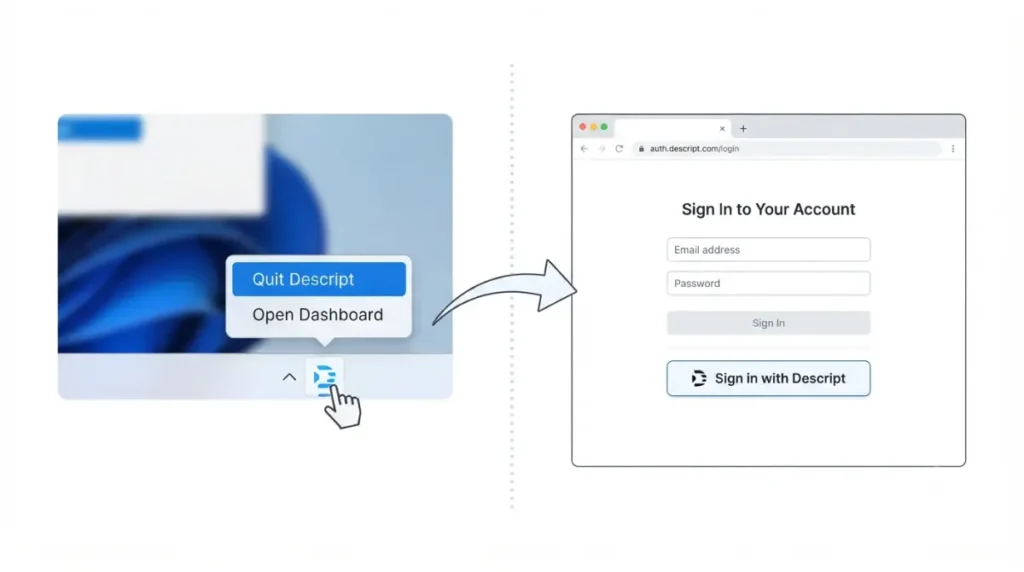 How to quit Descript background process and complete browser sign-in on Windows