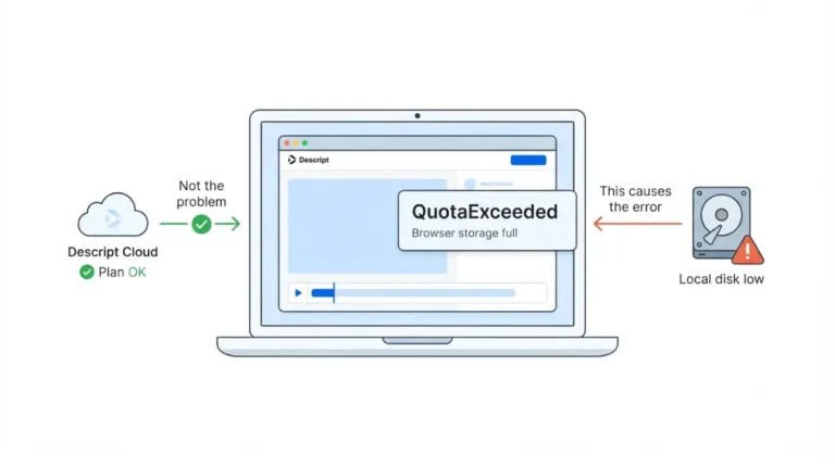 Vector illustration showing Descript QuotaExceeded browser storage error caused by local disk, not plan limit