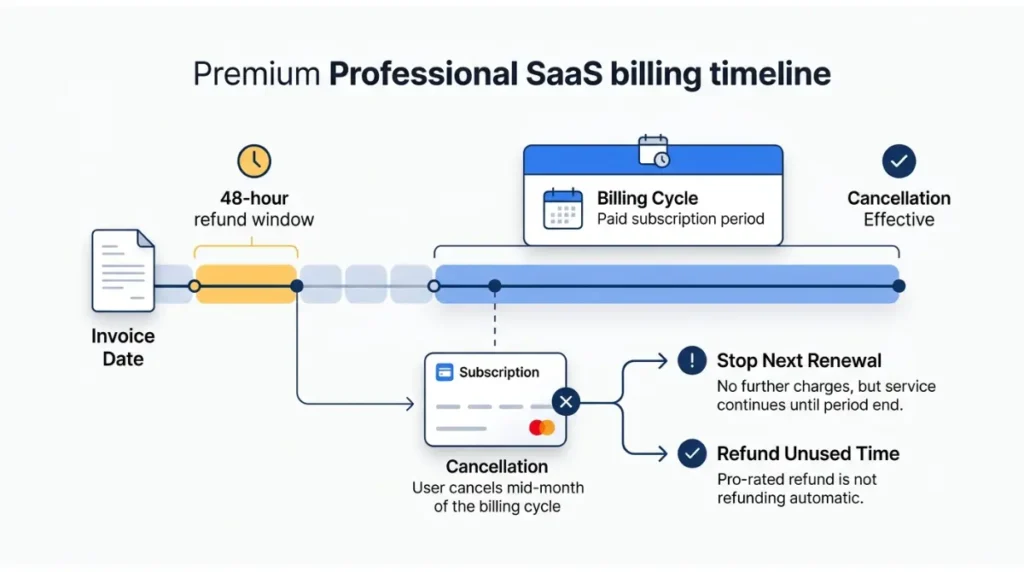 Descript refund and cancellation timeline showing invoice date, refund window, billing cycle, and cancellation date