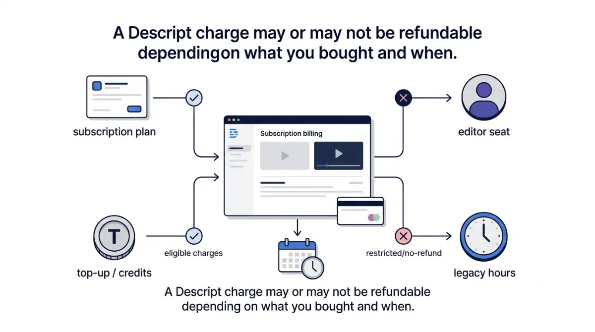 Descript Refund Policy guide showing which subscription charges can be refunde